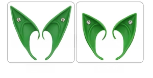 Detailed comparison of long and short fruit green latex elf ears with inlaid rhinestones