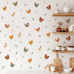 Farmhouse cartoon rooster and green leaf PVC self-adhesive wall stickers for home decor