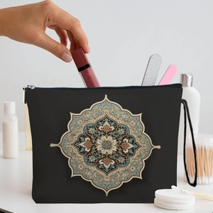 Black mandala pattern makeup bag with zipper and hand strap for cosmetics storage