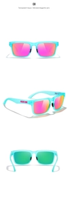 Detail view of transparent aqua sports sunglasses with mirrored magenta lenses and pink logo