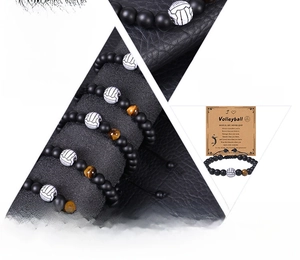 Detailed view of tiger eye and onyx volleyball bracelets with motivational gift cards