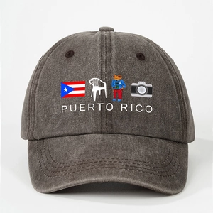 Vintage washed dark grey Puerto Rico baseball cap with colorful graphic print and adjustable strap