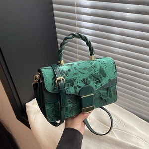 Green PU leather handbag with butterfly embroidery and golden chain strap for women