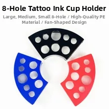 Three fan-shaped 8-hole tattoo ink cup holders in black, blue, and red PE plastic