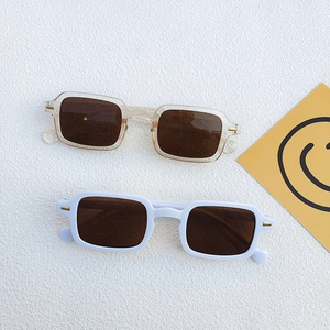 Retro square frame sunglasses with rivets in champagne and white with dark brown lenses