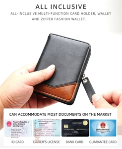 Close-up of black and brown leather wallet with card slots and a metal zipper closure