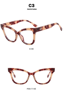 Detailed front and side views of cat-eye TR90 glasses in red tortoise shell C3 finish