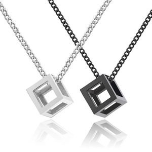 316L stainless steel geometric hollow cube pendant necklace in black and silver