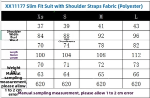Detailed size chart for women's slim-fit polyester blazer set with precise measurements