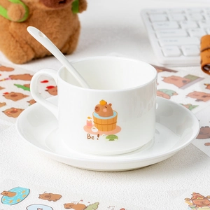 Cute Capybara ceramic coffee mug set with saucer and spoon featuring cartoon bath design