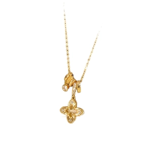 French retro gold clover pendant necklace with white shell and zircon accents