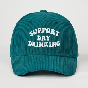 Dark green corduroy baseball cap with white Support Day Drinking embroidery