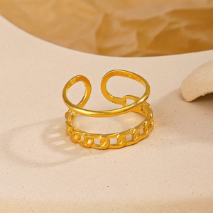 Minimalist double-layer chain ring in gold finish with adjustable open band for women