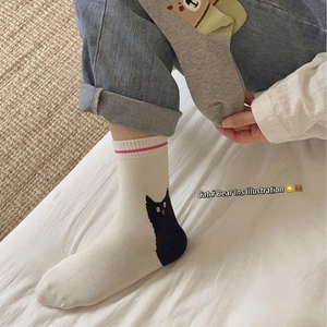 Comfy mid-calf cotton socks with cute cat and bear illustrations for women