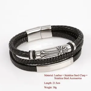 Handmade multilayer black leather bracelet with stainless steel cross charm and magnetic clasp