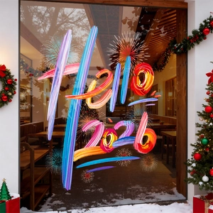 Hello 2026 festive window sticker with colorful text and fireworks for New Year decor