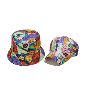 Graffiti printed baseball and bucket hat set in colorful hand-drawn street art style