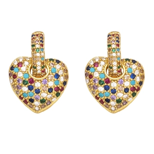 Golden heart earrings with colorful micro-set zircons on a white background
