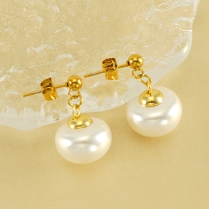 Elegant gold stainless steel stud earrings with large white pearls for women
