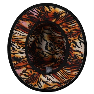 Inside view of a fedora hat featuring tiger animal print pattern in orange and black