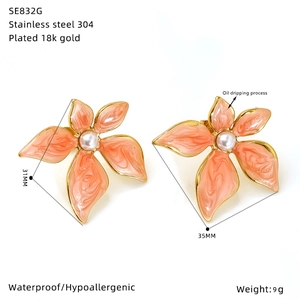Detailed view of floral stainless steel earrings with pink enamel and pearl center