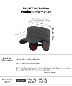 Detailed size chart for men's winter thermal flat cap with earflaps and plush lining