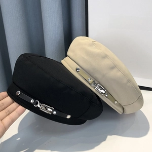 Retro flat top corduroy beret hat for women featuring leather strap and metal buckle detail