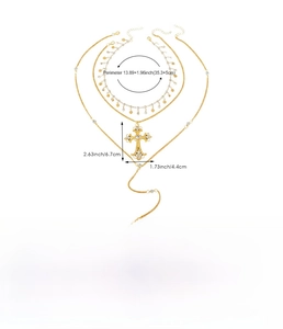 Detailed size chart for gold layered necklace with rhinestone cross pendant and dimensions