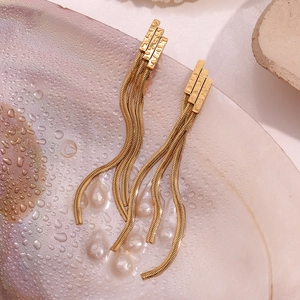Detail of 18K gold-plated geometric tiered earrings with cascading snake chain tassels
