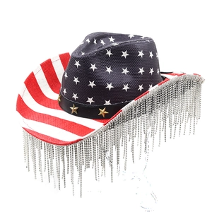 American Flag Cowboy Hat Rhinestone Fringe Paper Straw Stars And Stripes Western Party Wedding Accessory For Women