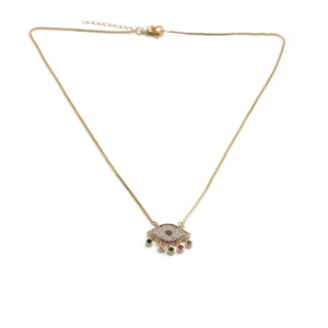 Detailed view of a gold-plated evil eye necklace with colorful zircon stones