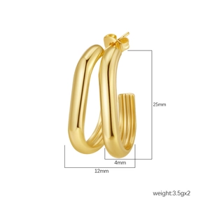 Minimalist gold-plated U-shaped stainless steel hoop earrings with dimensional specs