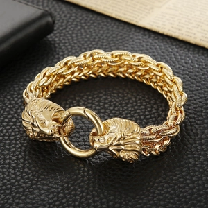 Double-layered braided stainless steel bracelet featuring golden lion head clasp for men