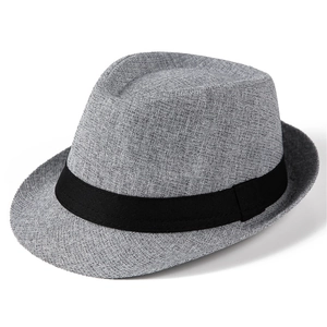 Detail view of the woven texture and black ribbon on a classic grey Fedora hat for men