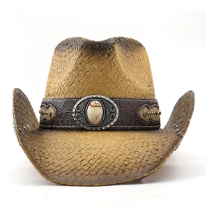 Western straw cowboy hat with vintage spray finish and metal buckle decoration