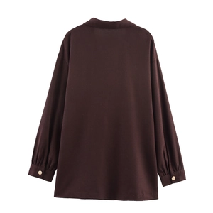 British style chestnut brown oversized blazer for women featuring a back view and gold button
