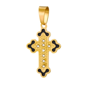 Close-up of gold 18k cross pendant with black enamel and sparkling diamond stones