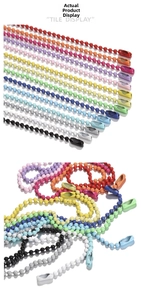 Macro detail of colorful 12cm metal ball bead chains with secure connecting clasps