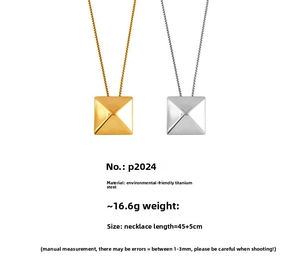Detailed specs of geometric pyramid pendant necklace in gold and silver titanium steel