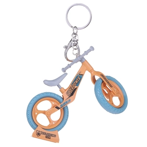 Miniature orange bicycle keychain with blue tires and lobster clasp for bag decoration