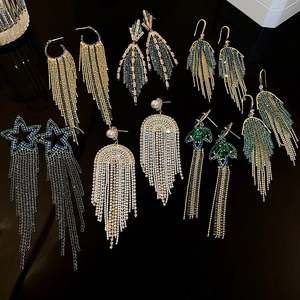 Dangle Tassel Earrings With Rhinestone Leaf Flower Star Geometric Design Silver Earring Post For Women Elegant Party Jewelry