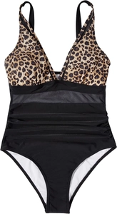 Detail of leopard print and black mesh paneling on a high-waisted one-piece swimsuit