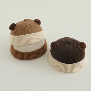 Kids Brimless Hat Cute Bear Ears Patchwork Corduroy Knit Round Top Warm Winter Beanie For Toddlers Boys Girls