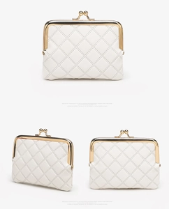 Multiple views of a white quilted PU leather coin purse with golden metal clasp closure
