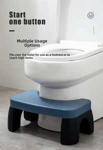 U-shaped squatting stool with blue non-slip surface fitting perfectly around toilet base