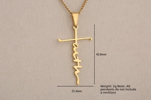 Detailed view of gold stainless steel faith cross pendant showing 42.6mm x 25.3mm dimensions