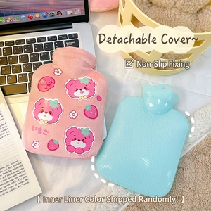Cute pink plush hot water bottle with cartoon bear and strawberry design for hand warming