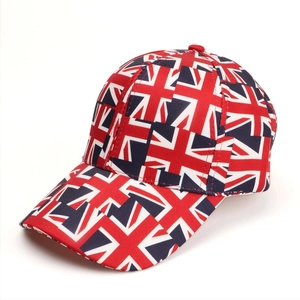 Close-up of a Union Jack flag baseball cap with vibrant red, white, and blue print