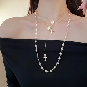 Vintage Multi Layer Necklace For Women Faux Artificial Pearl Cross Virgin Mary Medal Alloy Clavicle Chain Retro Jewelry