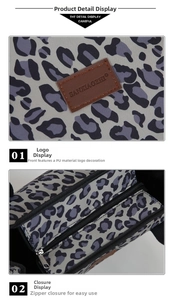 Detail of grey leopard print bag with brown leather logo tag and metal zipper closure